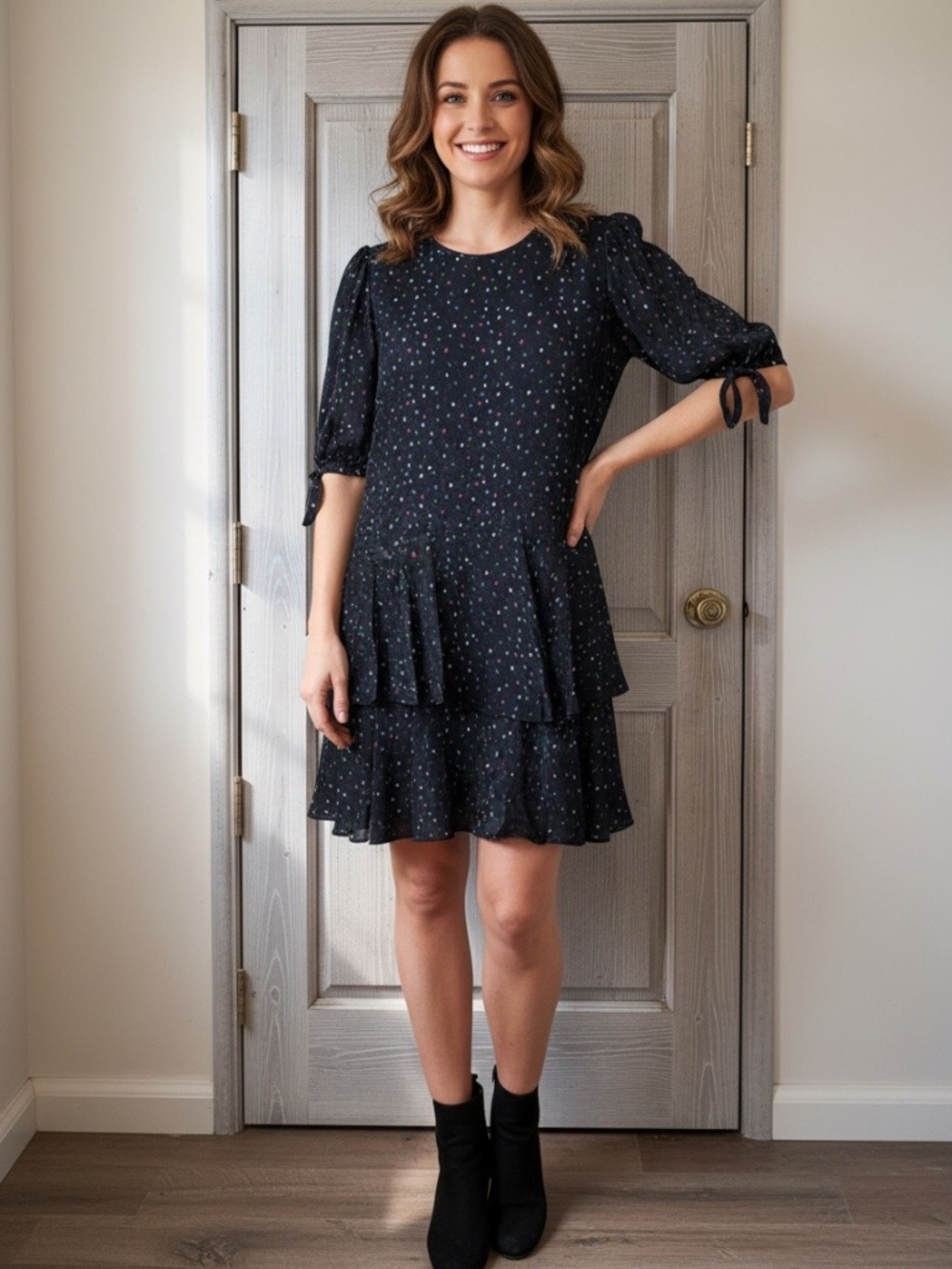 New Rebecca Taylor 100% Silk Jacquard Confetti Dot Ruffle Mini Dress Size 6